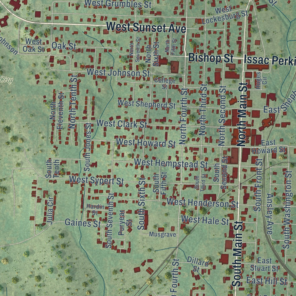 Close-up of the map of Nashville, Arkansas print showing street and building detail