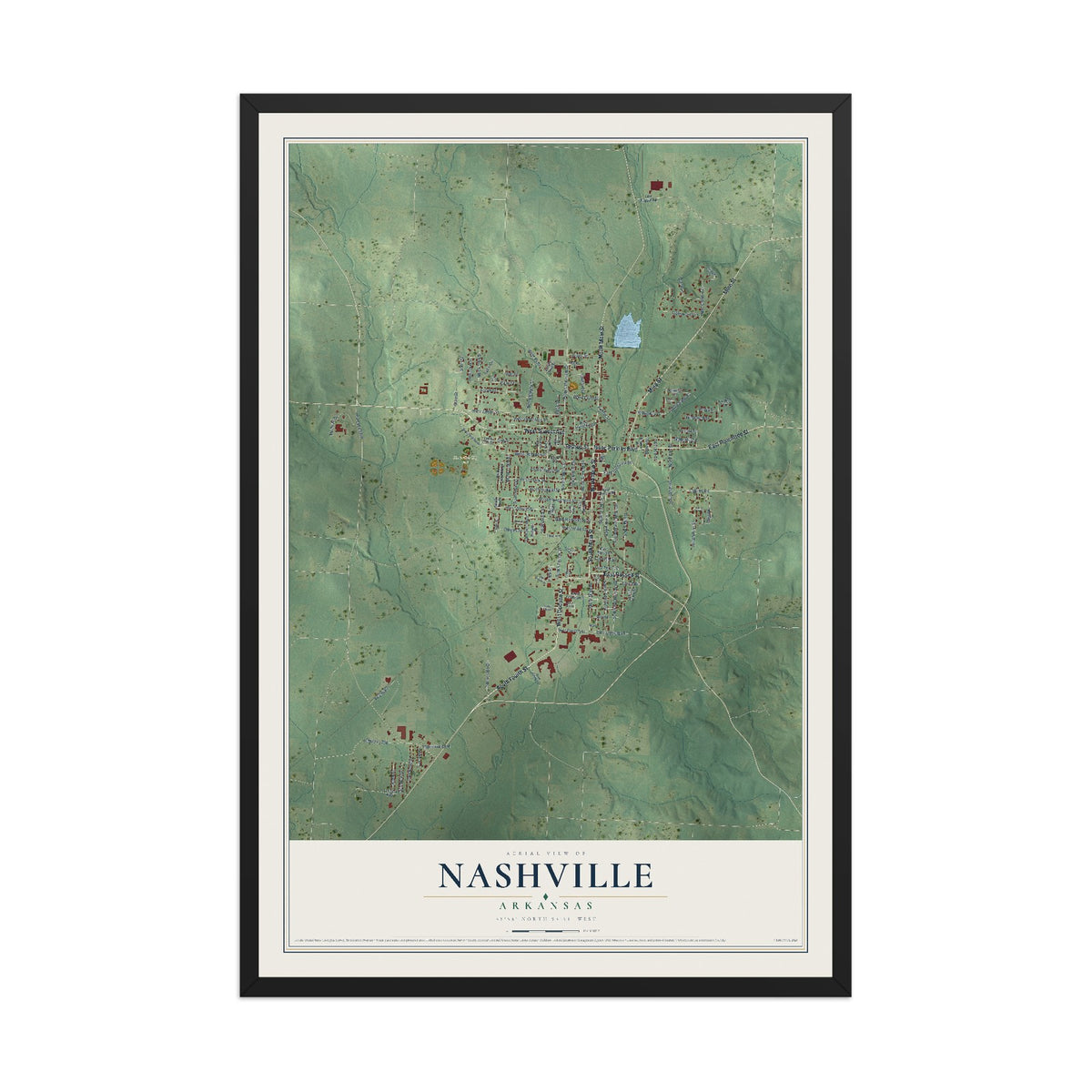 Map of Nashville, Arkansas, 12 x 18 inch print in a black wood frame