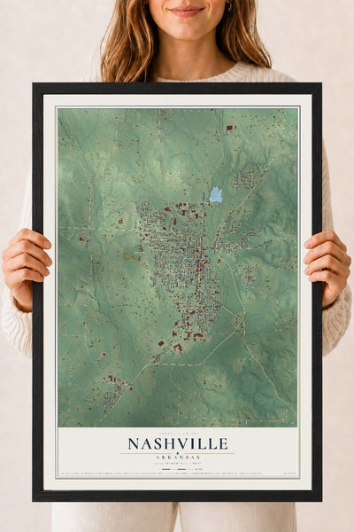 Map of Nashville, Arkansas, 18 x 24 inch print in a black wood frame