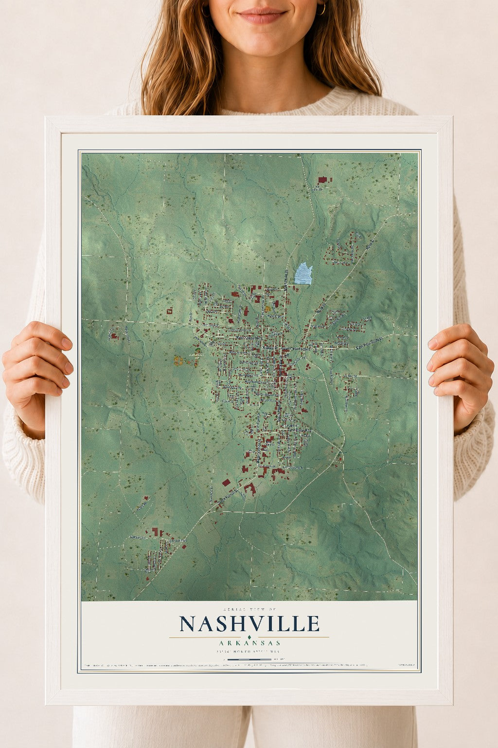 Map of Nashville, Arkansas, 18 x 24 inch print in a white wood frame
