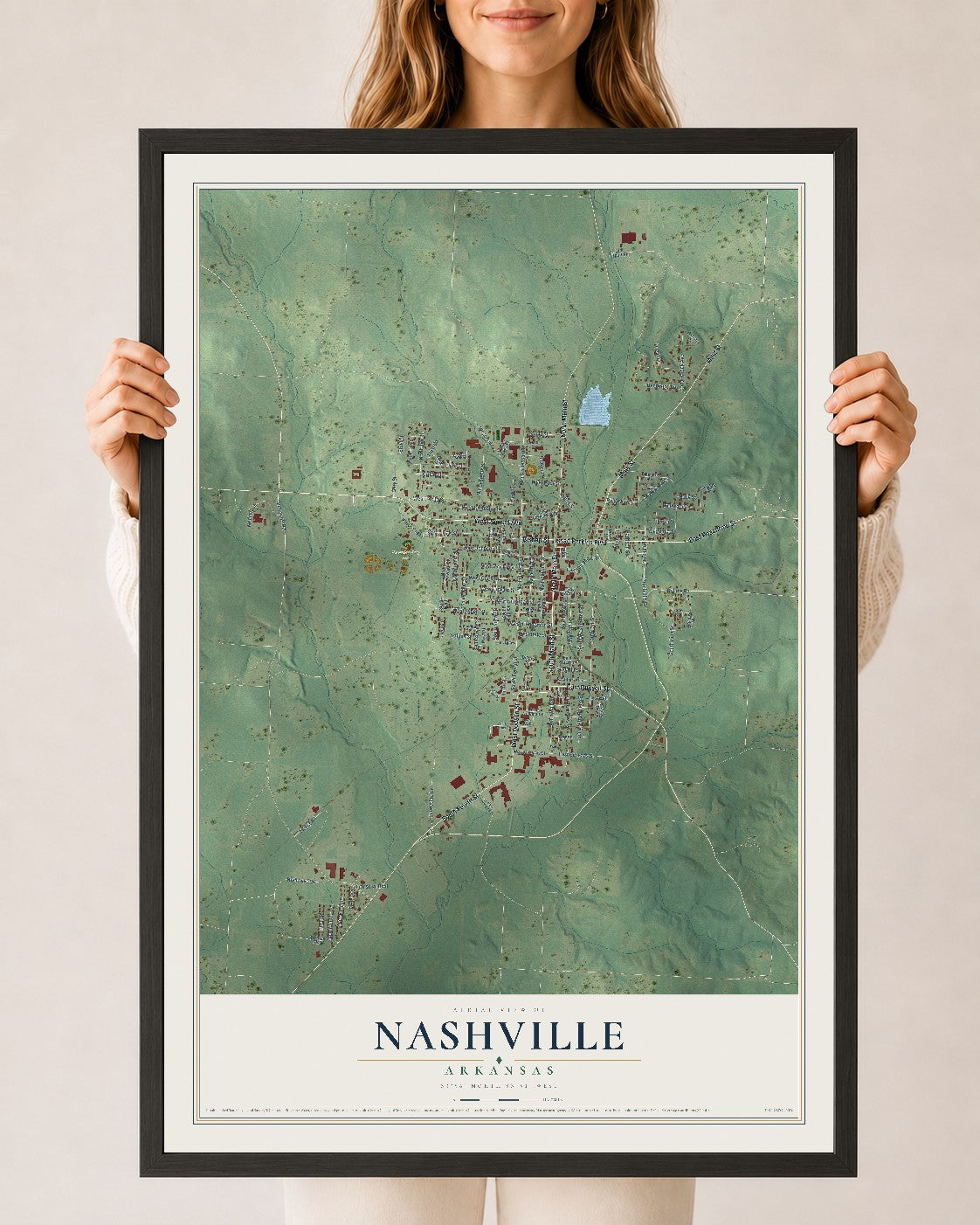 Map of Nashville, Arkansas, 24 x 36 inch print in a black wood frame