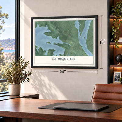 Natural Steps, Arkansas map, 18 x 24 inch print in a black frame in a home office