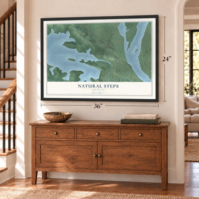 Natural Steps, Arkansas map, 24 x 36 inch print in a black frame above a dresser by a staircase