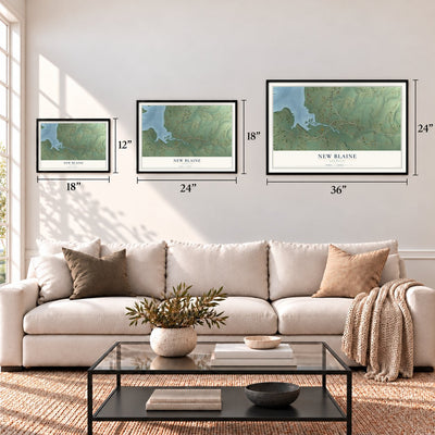 New Blaine, Arkansas map in 12 x 18, 18 x 24 and 24 x 36 inch sizes above a sofa