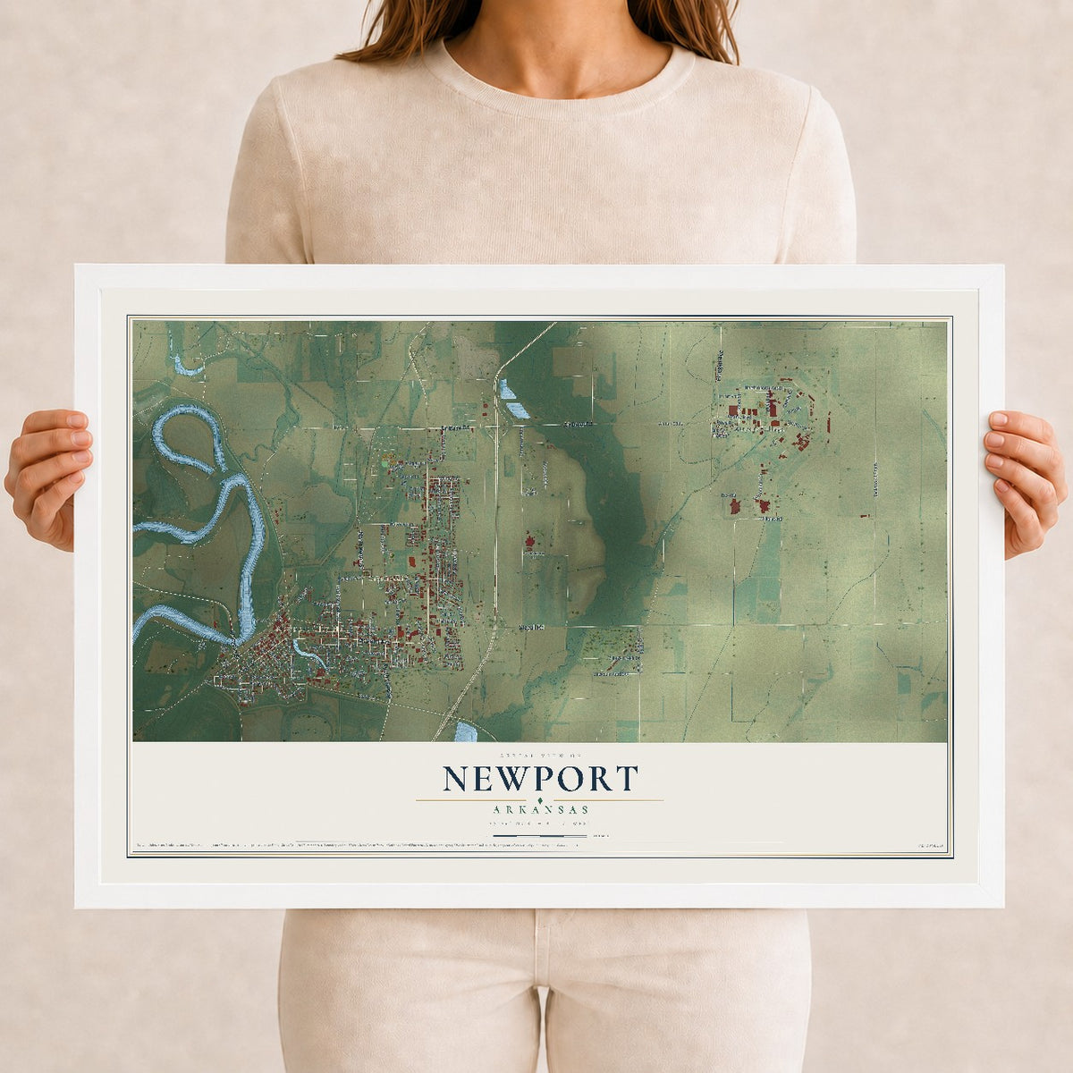 Map of Newport, Arkansas, 12 x 18 inch print in a white wood frame