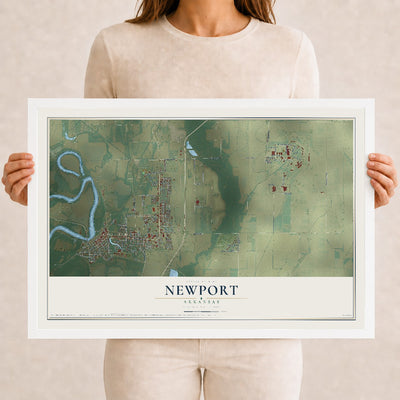Map of Newport, Arkansas, 12 x 18 inch print in a white wood frame