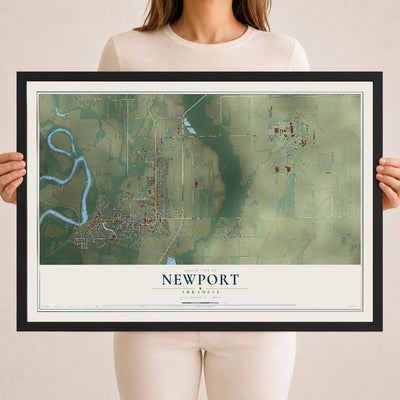 Map of Newport, Arkansas, 18 x 24 inch print in a black wood frame