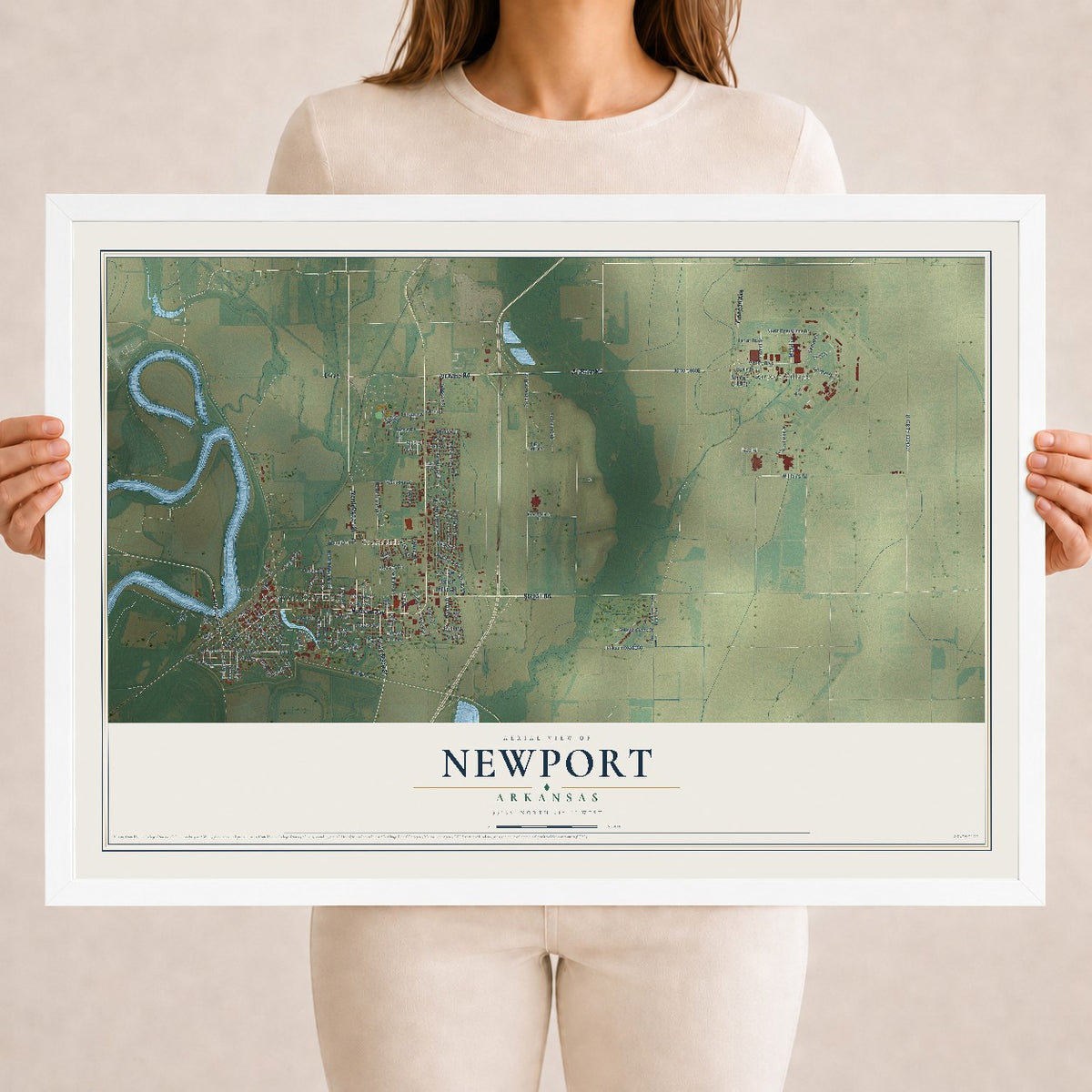 Map of Newport, Arkansas, 18 x 24 inch print in a white wood frame