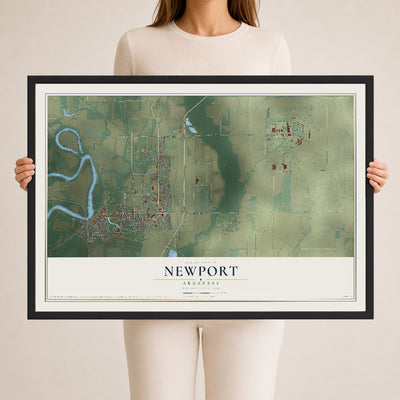 Map of Newport, Arkansas, 24 x 36 inch print in a black wood frame