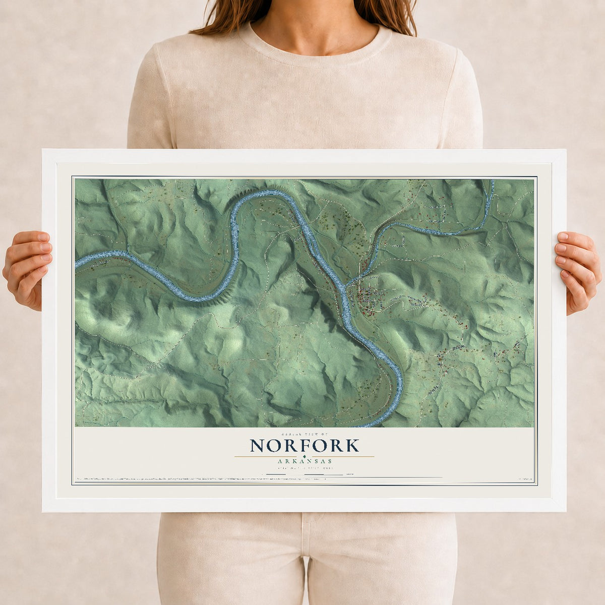 Map of Norfork, Arkansas, 12 x 18 inch print in a white wood frame