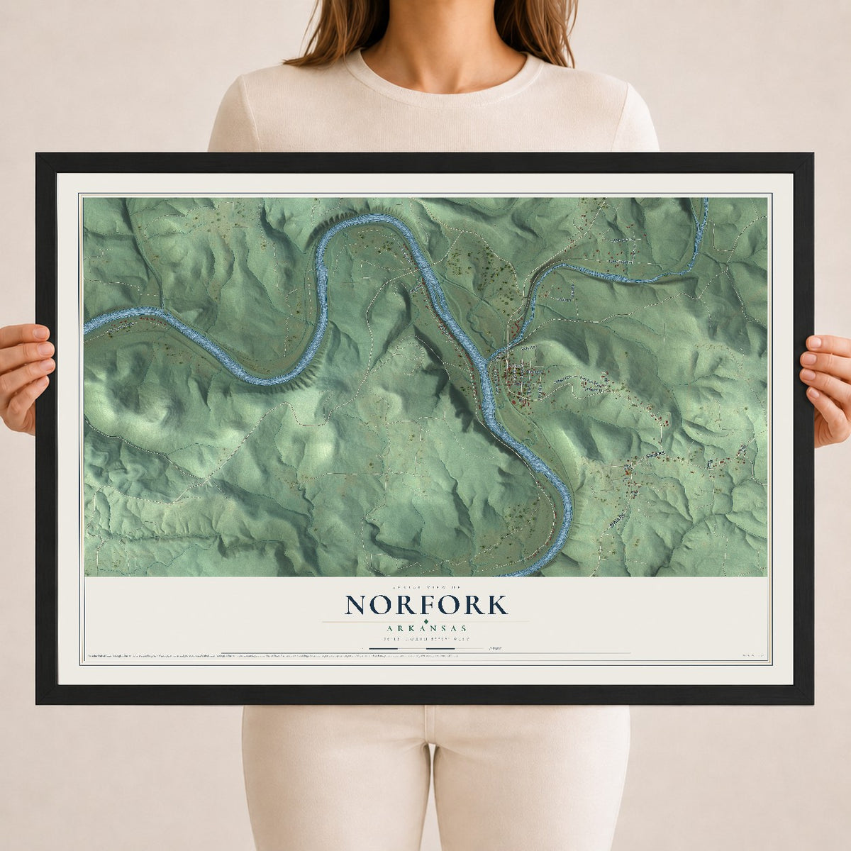 Map of Norfork, Arkansas, 18 x 24 inch print in a black wood frame
