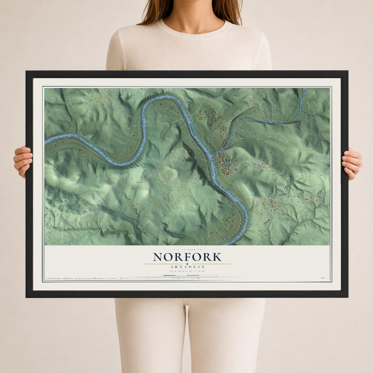 Map of Norfork, Arkansas, 24 x 36 inch print in a black wood frame