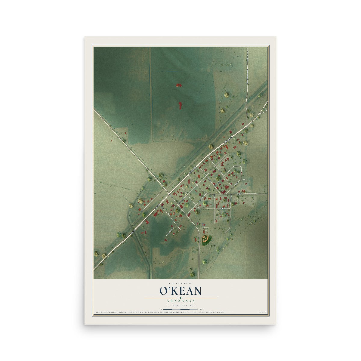Map of O'Kean, Arkansas, 12 x 18 inch unframed archival matte print
