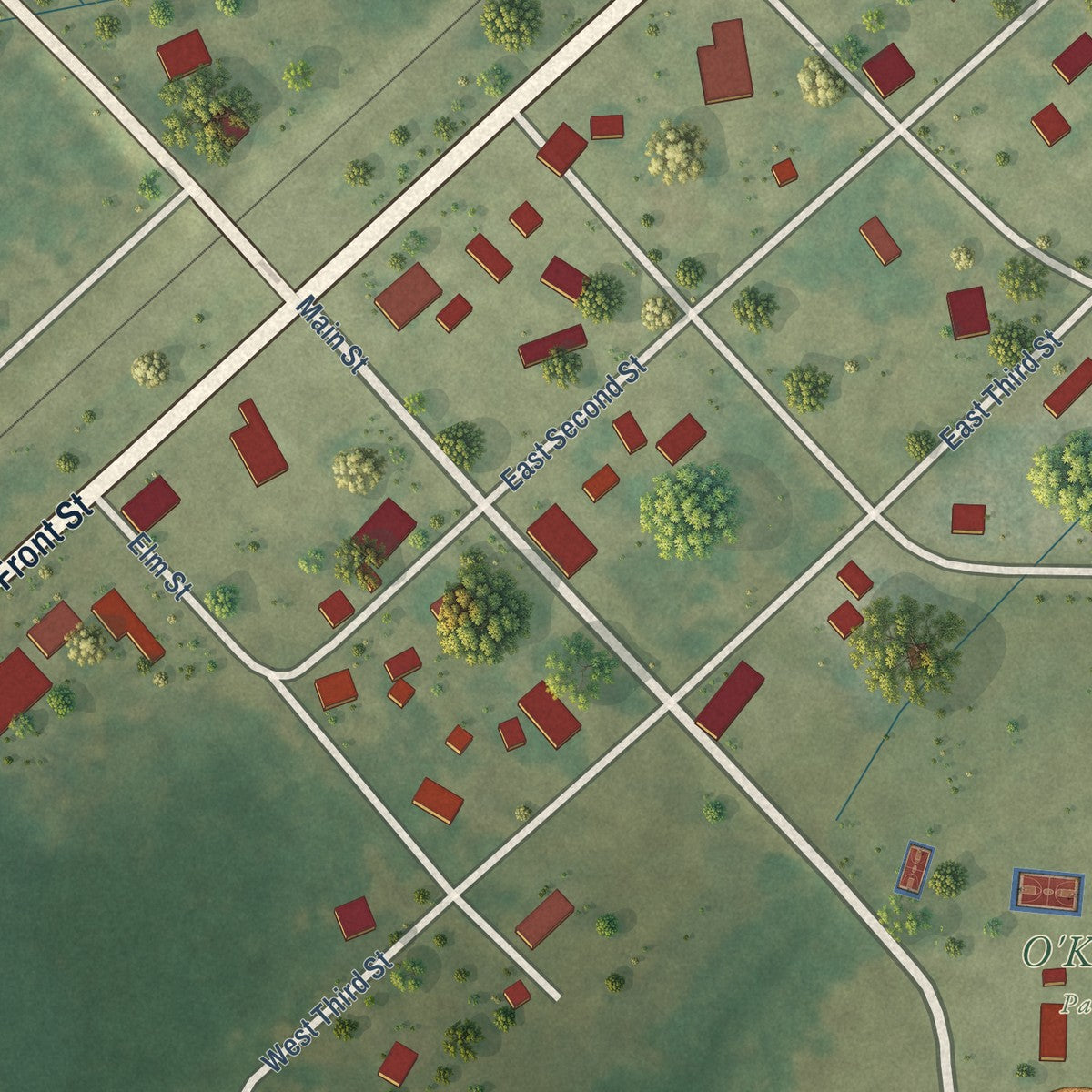 Close-up of the map of O'Kean, Arkansas print showing street and building detail