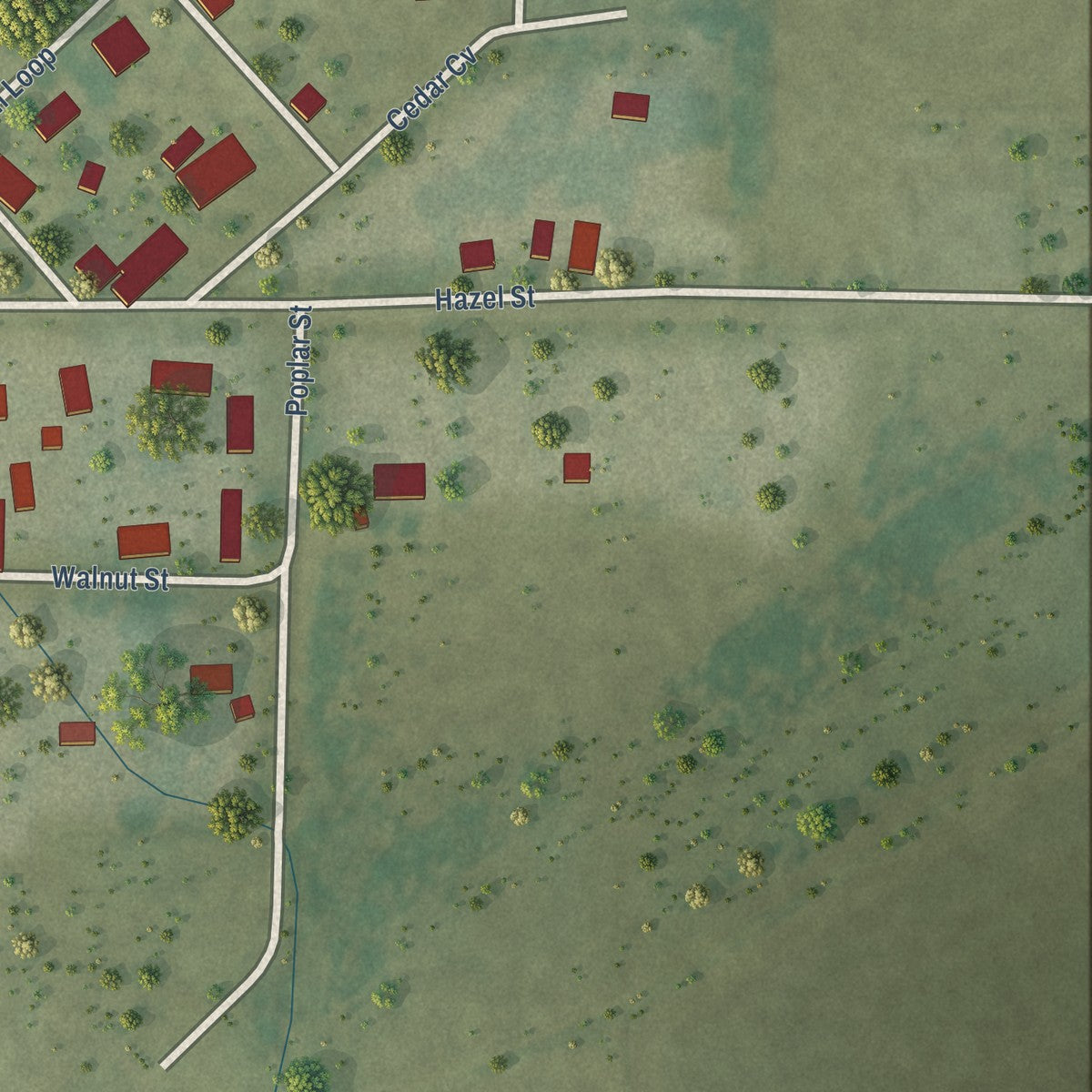 Second close-up of the map of O'Kean, Arkansas print showing more streets and buildings