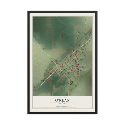 Map of O'Kean, Arkansas, 12 x 18 inch print in a black wood frame