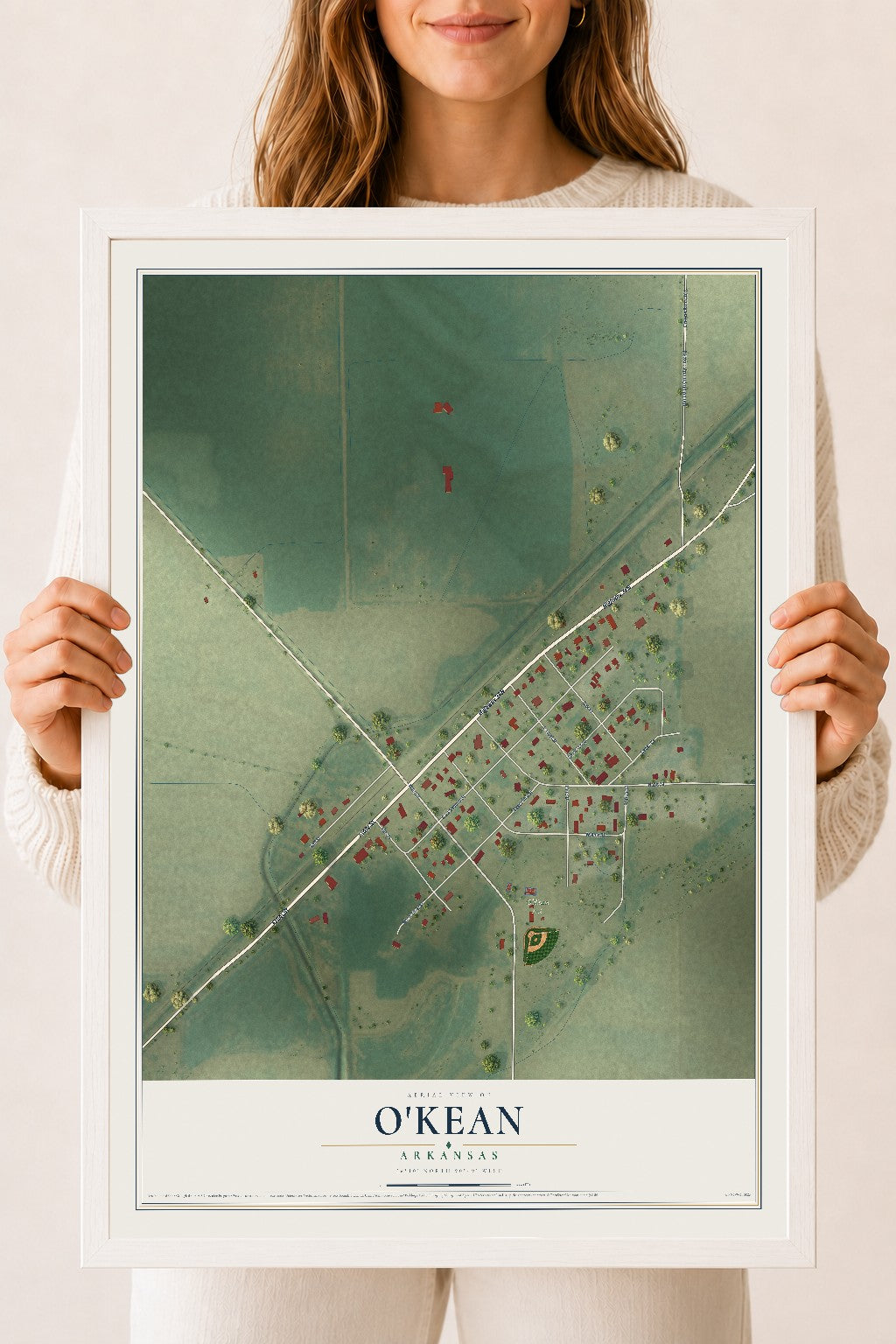 Map of O'Kean, Arkansas, 18 x 24 inch print in a white wood frame