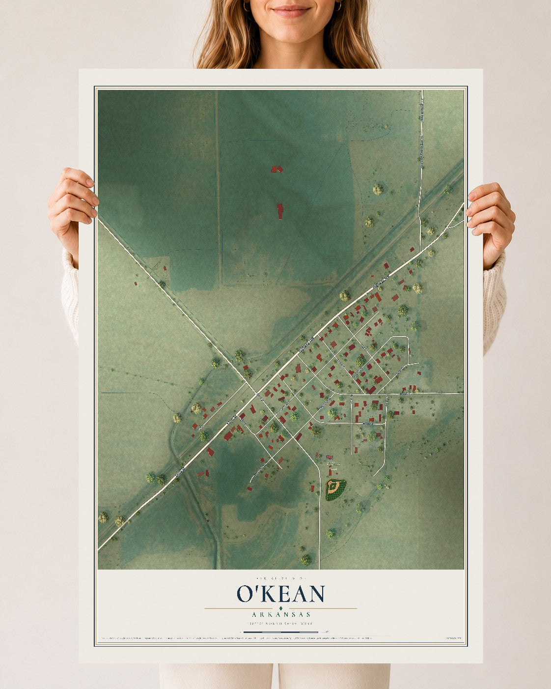 Map of O'Kean, Arkansas, 24 x 36 inch unframed archival matte print