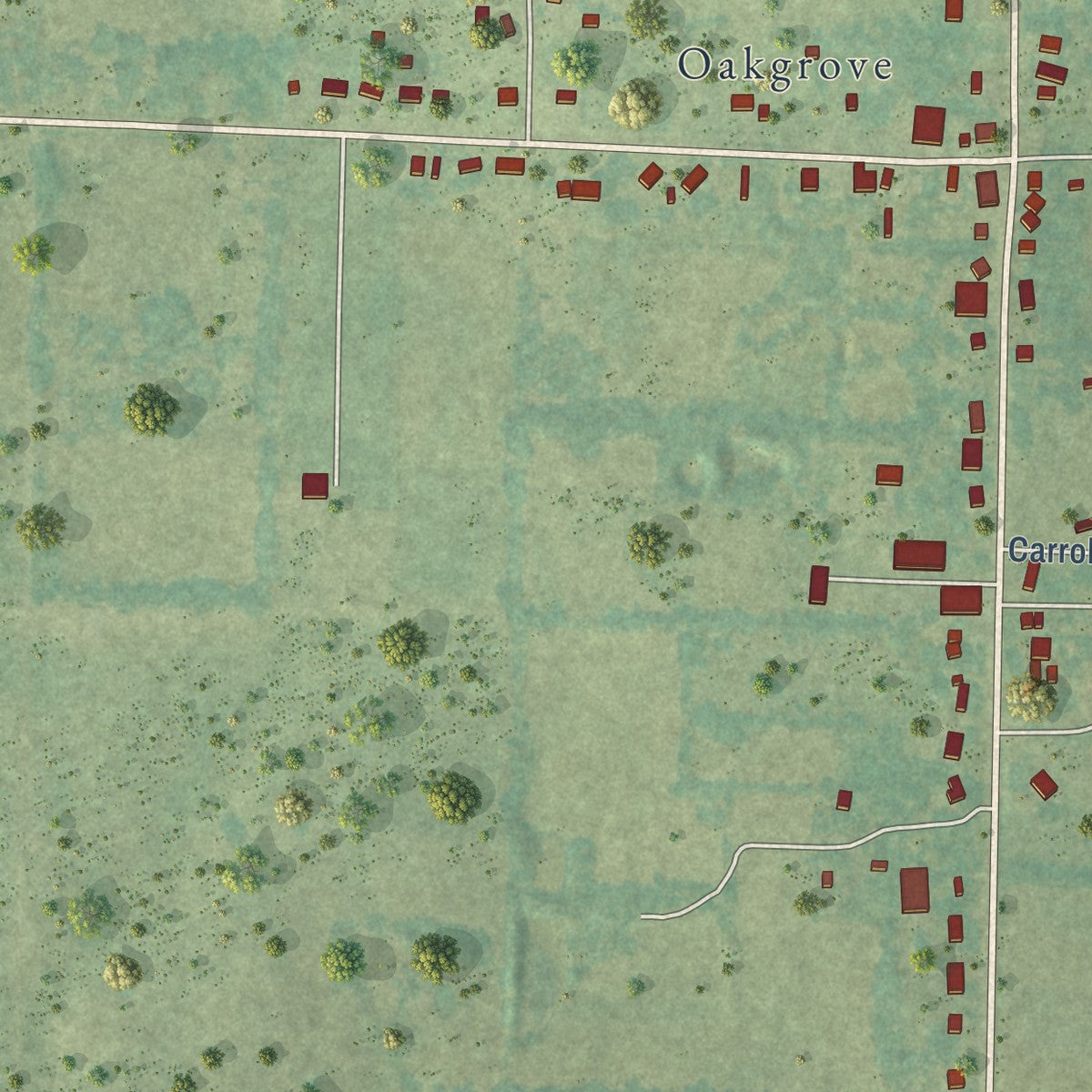 Close-up of the map of Oak Grove, Arkansas print showing street and building detail