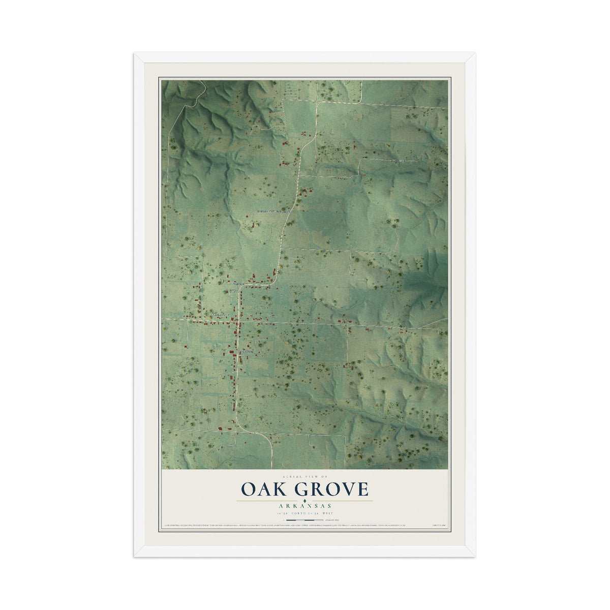 Map of Oak Grove, Arkansas, 12 x 18 inch print in a white wood frame