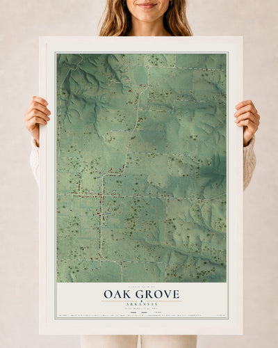 Map of Oak Grove, Arkansas, 24 x 36 inch print in a white wood frame