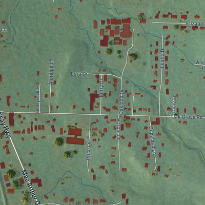 Close-up of the map of Oak Grove, Pulaski County, Arkansas print showing street and building detail