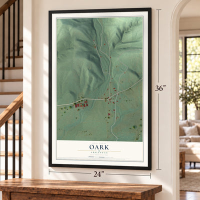 Oark, Arkansas map, 24 x 36 inch print in a black frame by a staircase