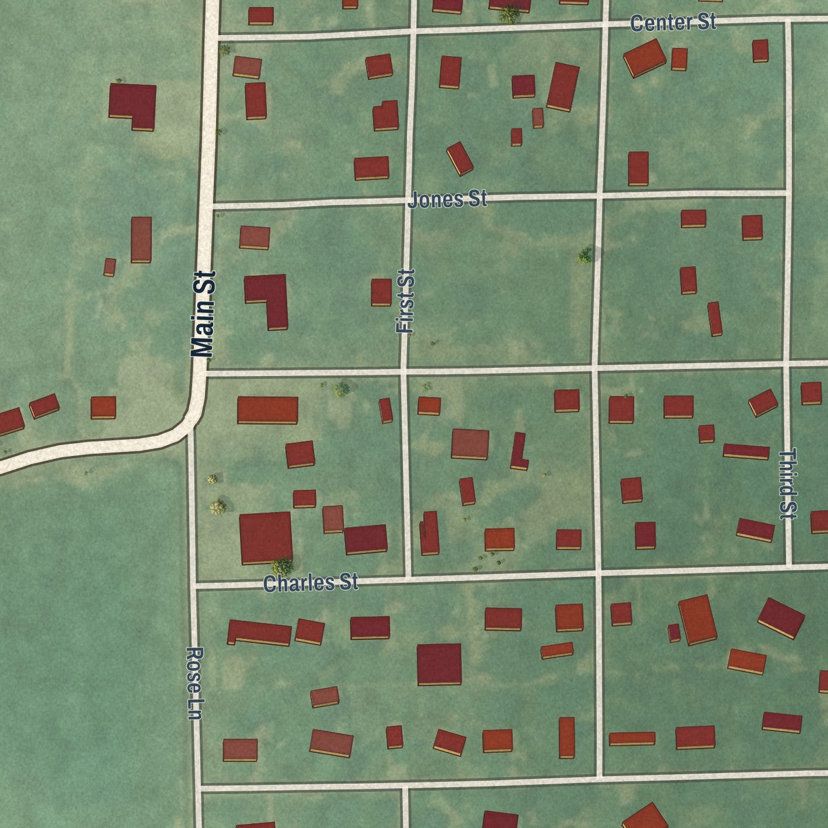 Close-up of the map of Oil Trough, Arkansas print showing street and building detail