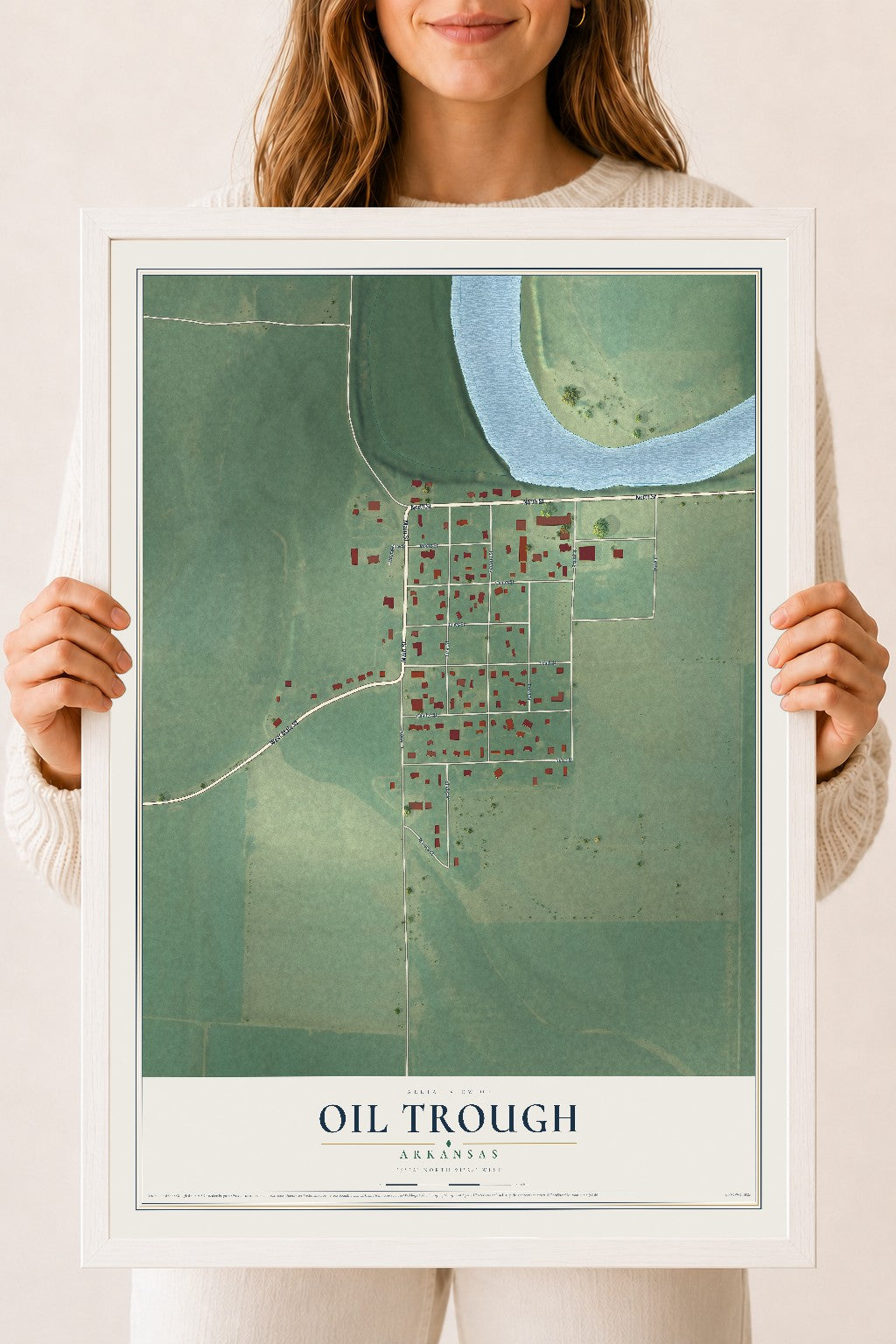 Map of Oil Trough, Arkansas, 18 x 24 inch print in a white wood frame