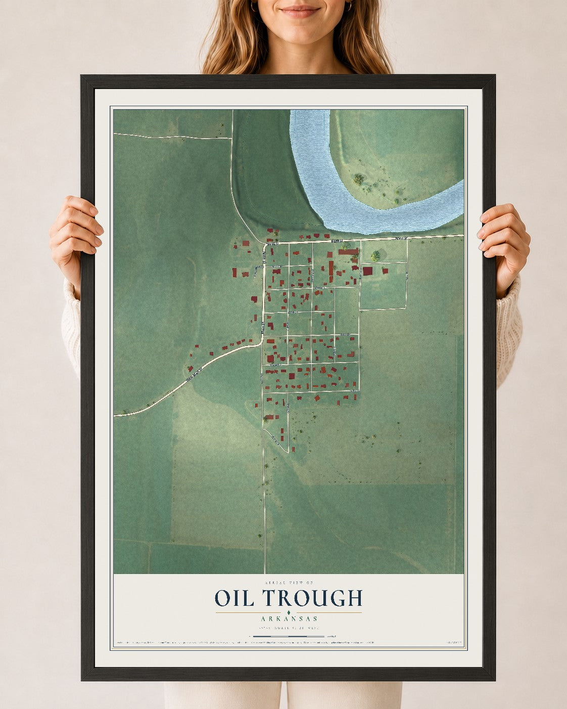 Map of Oil Trough, Arkansas, 24 x 36 inch print in a black wood frame