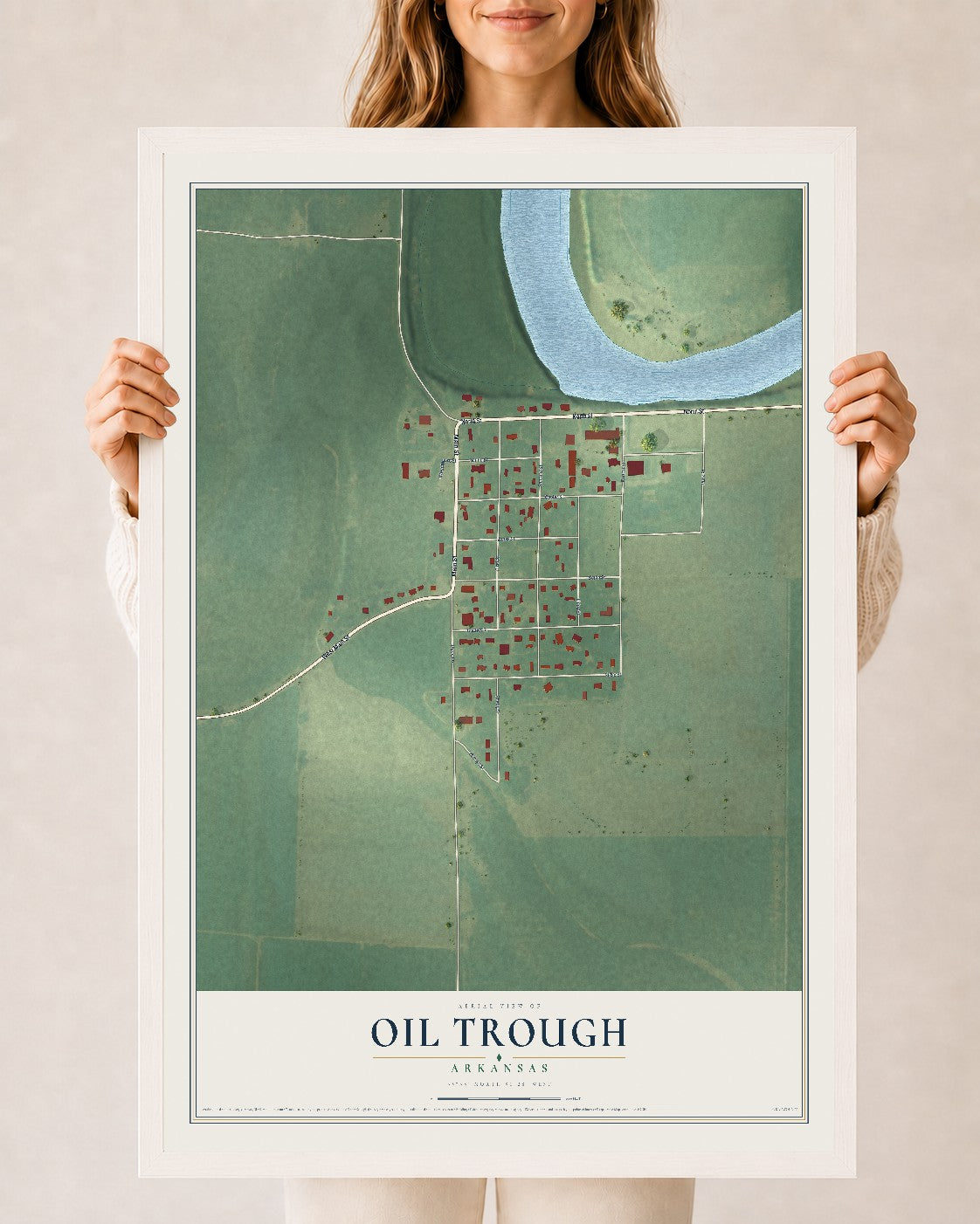 Map of Oil Trough, Arkansas, 24 x 36 inch print in a white wood frame