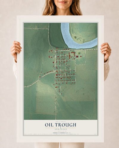 Map of Oil Trough, Arkansas, 24 x 36 inch print in a white wood frame