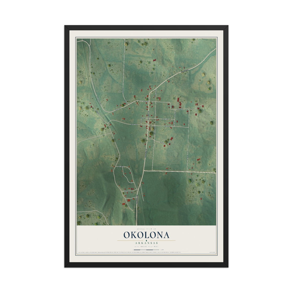 Map of Okolona, Arkansas, 12 x 18 inch print in a black wood frame