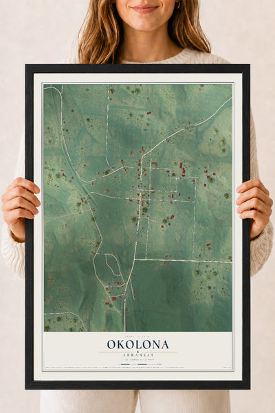 Map of Okolona, Arkansas, 18 x 24 inch print in a black wood frame