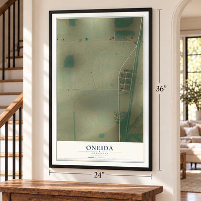 Oneida, Arkansas map, 24 x 36 inch print in a black frame by a staircase