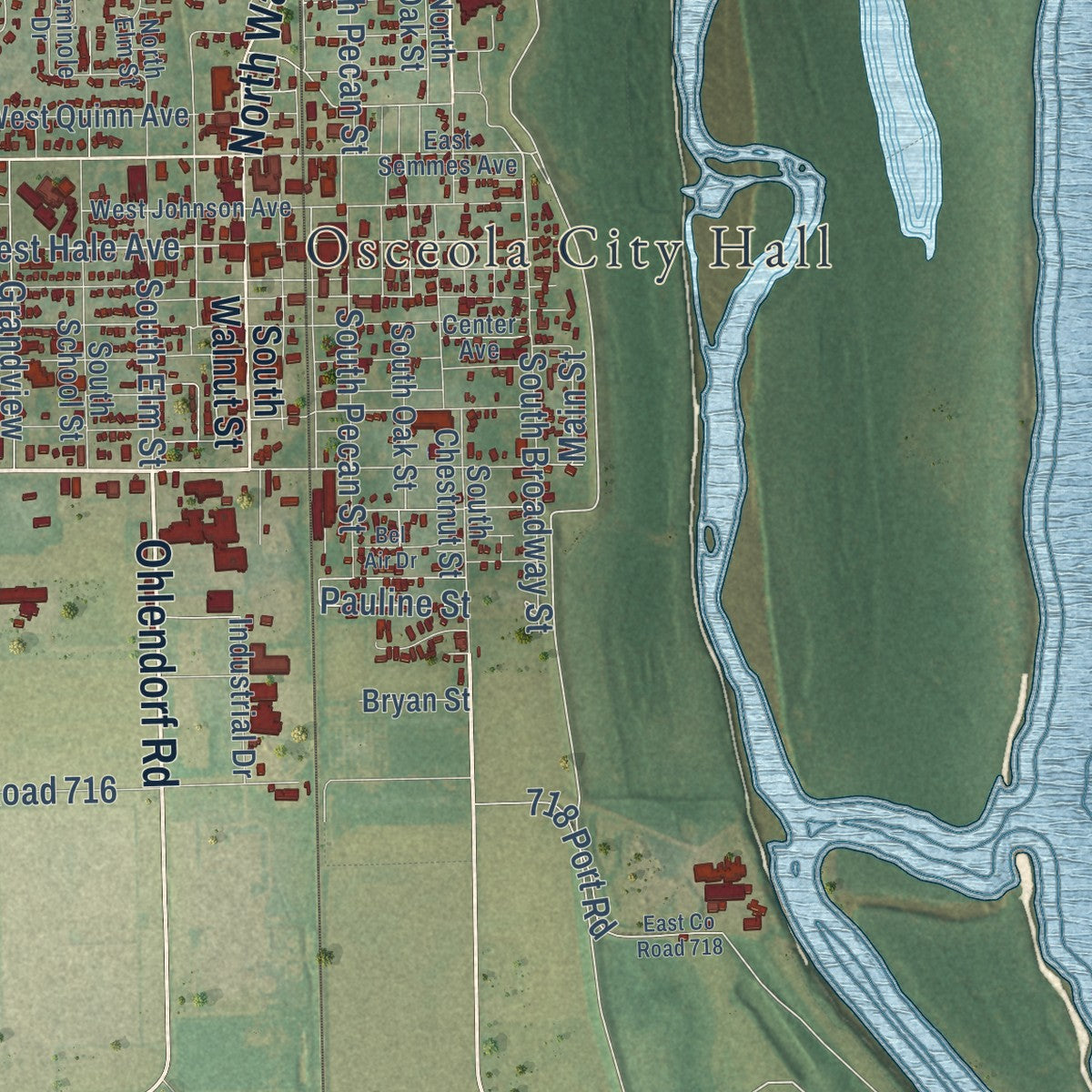 Close-up of the map of Osceola, Arkansas print showing street and building detail