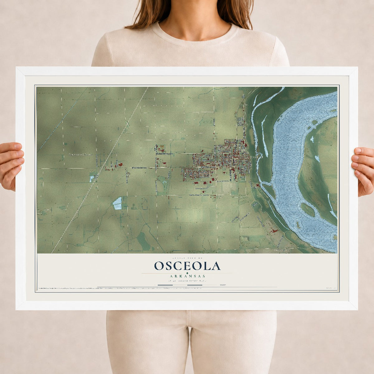 Map of Osceola, Arkansas, 18 x 24 inch print in a white wood frame