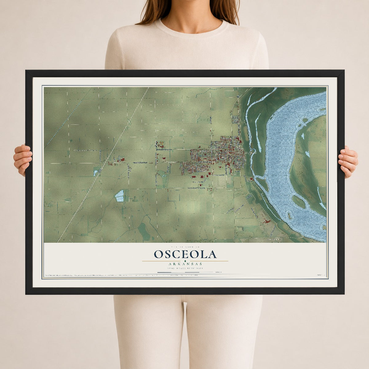 Map of Osceola, Arkansas, 24 x 36 inch print in a black wood frame