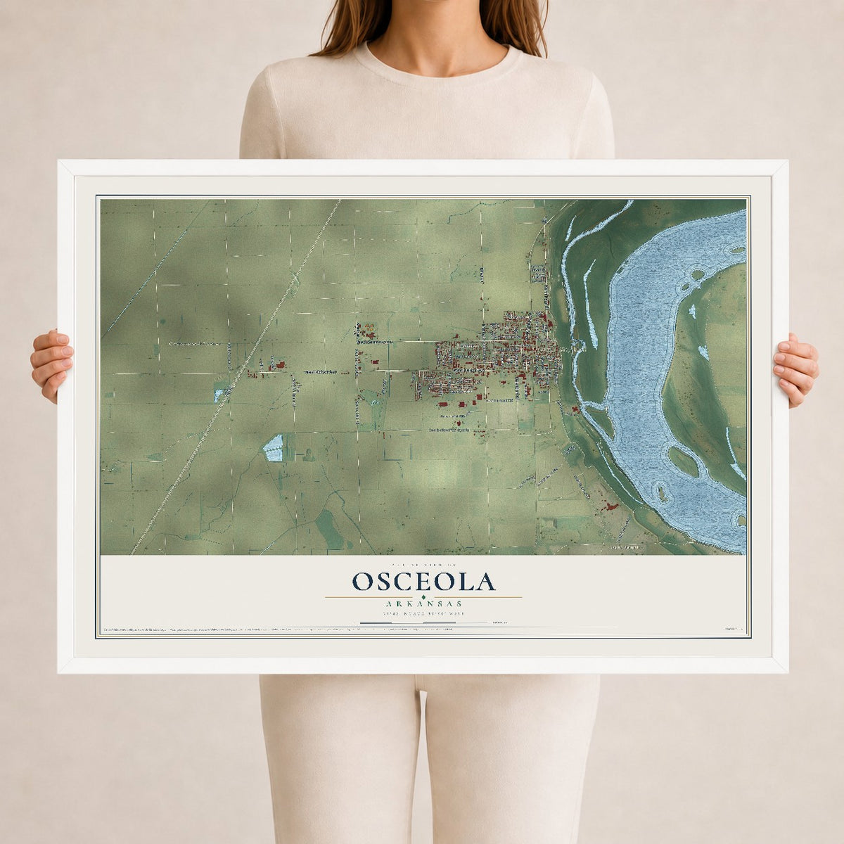 Map of Osceola, Arkansas, 24 x 36 inch print in a white wood frame