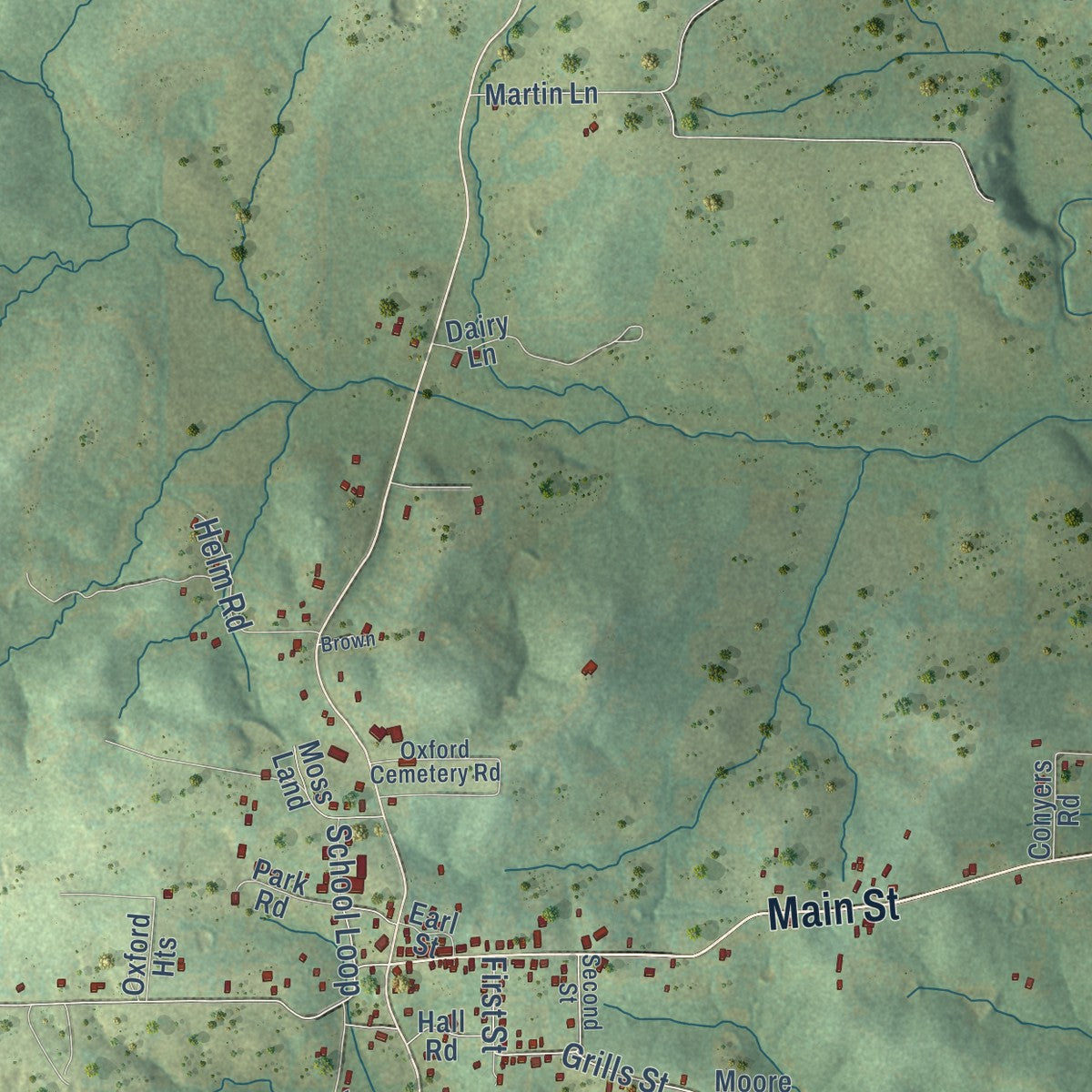 Close-up of the map of Oxford, Arkansas print showing street and building detail