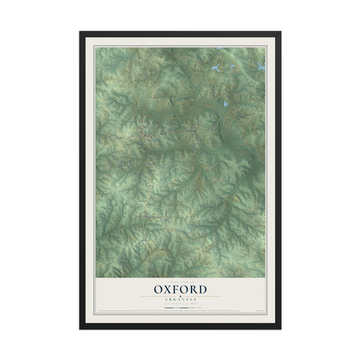 Map of Oxford, Arkansas, 12 x 18 inch print in a black wood frame