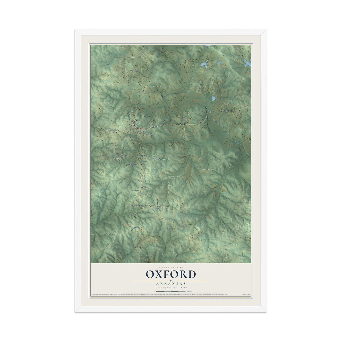 Map of Oxford, Arkansas, 12 x 18 inch print in a white wood frame