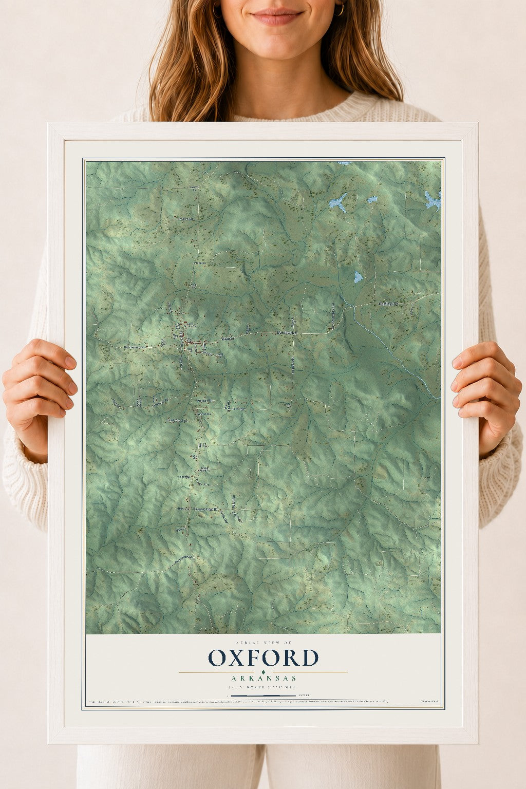 Map of Oxford, Arkansas, 18 x 24 inch print in a white wood frame