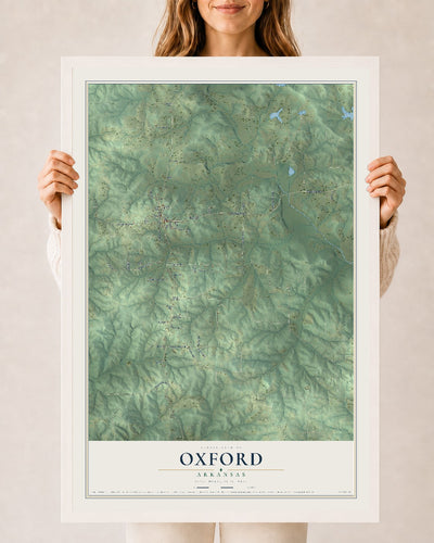 Map of Oxford, Arkansas, 24 x 36 inch print in a white wood frame