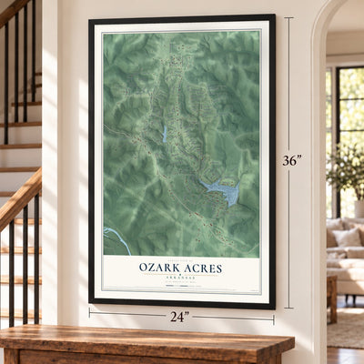 Ozark Acres, Arkansas map, 24 x 36 inch print in a black frame by a staircase