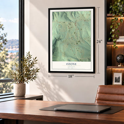 Ozone, Arkansas map, 18 x 24 inch print in a black frame in a home office