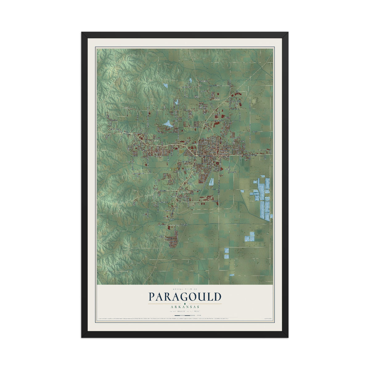 Map of Paragould, Arkansas, 12 x 18 inch print in a black wood frame