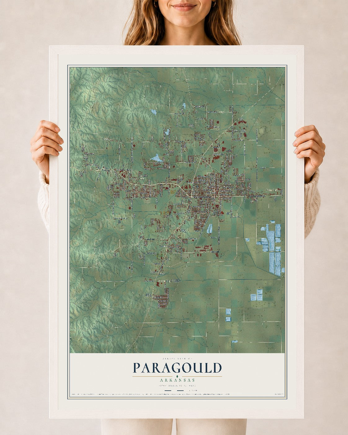 Map of Paragould, Arkansas, 24 x 36 inch print in a white wood frame