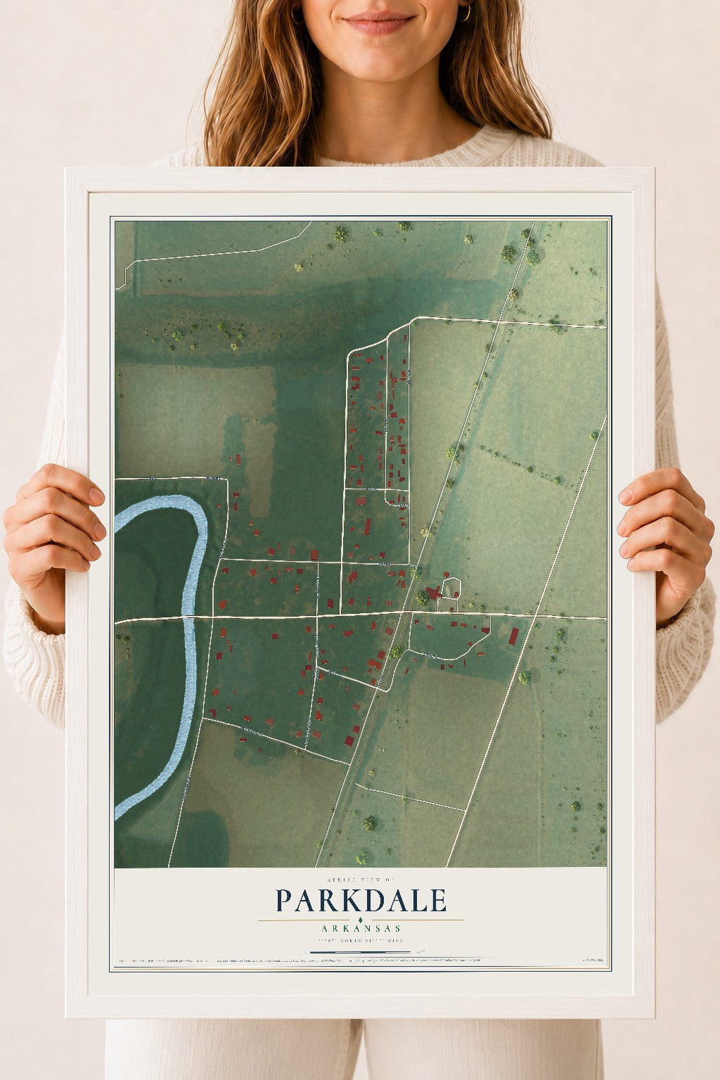 Map of Parkdale, Arkansas, 18 x 24 inch print in a white wood frame