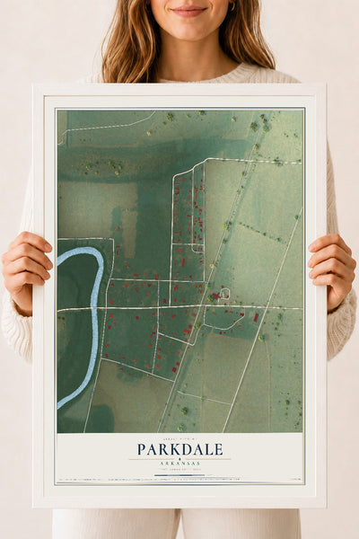Map of Parkdale, Arkansas, 18 x 24 inch print in a white wood frame